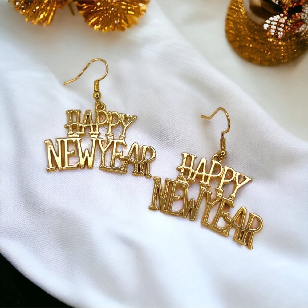 Festive Gold 'Happy New Year' Drop Earrings NWT EuroKatGifts - Picture 4 of 9